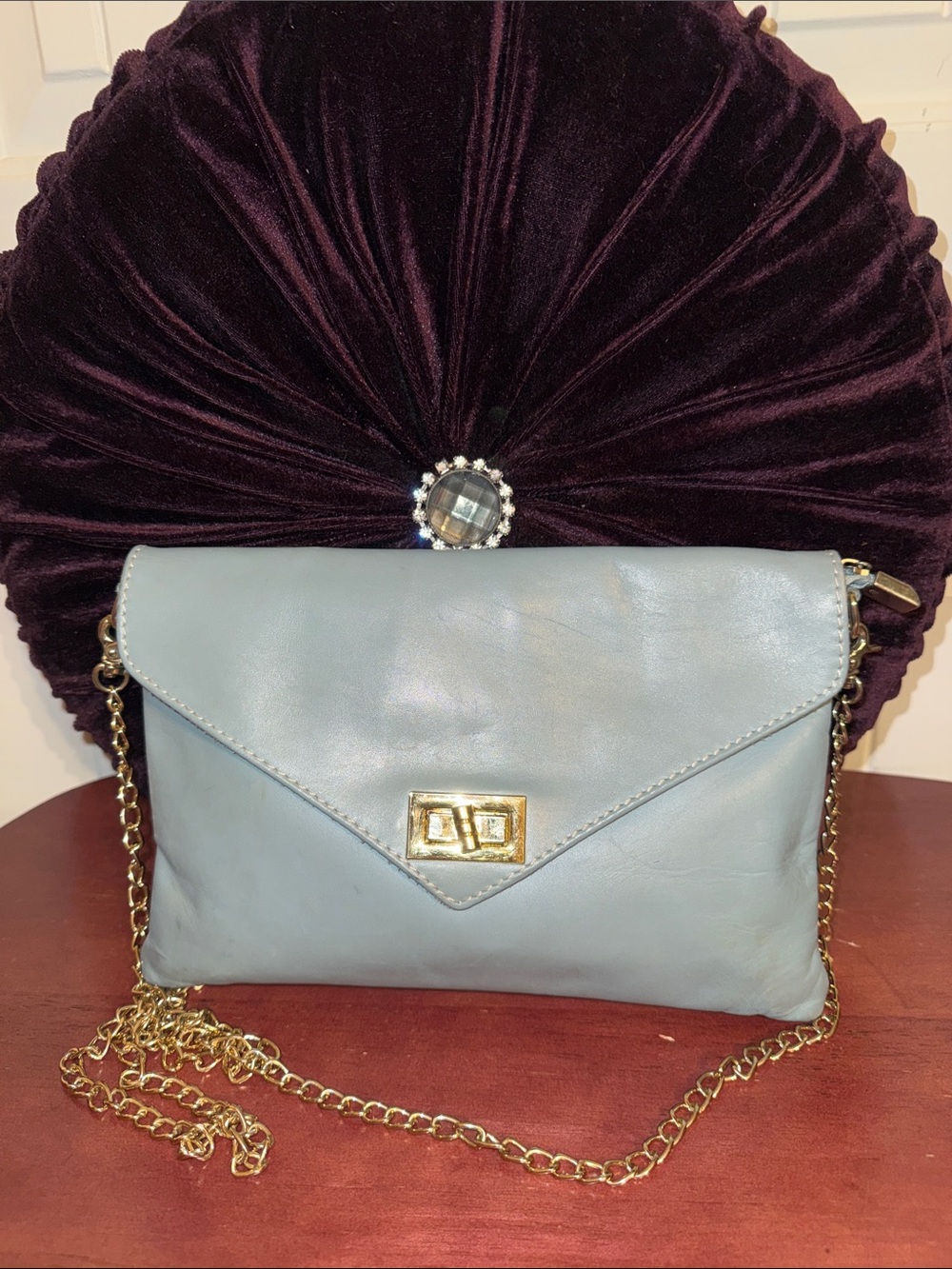 Classic Envelope Crossbody Bag in Light Blue with Gold Chain made in Italy